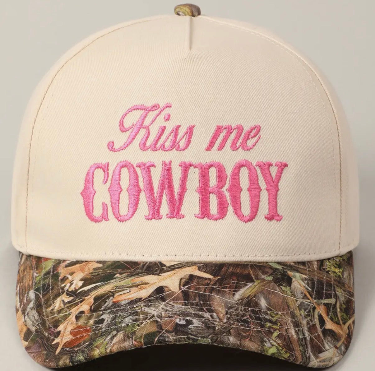 Kiss Me Cowboy Trucker Hat- Pink & Camo