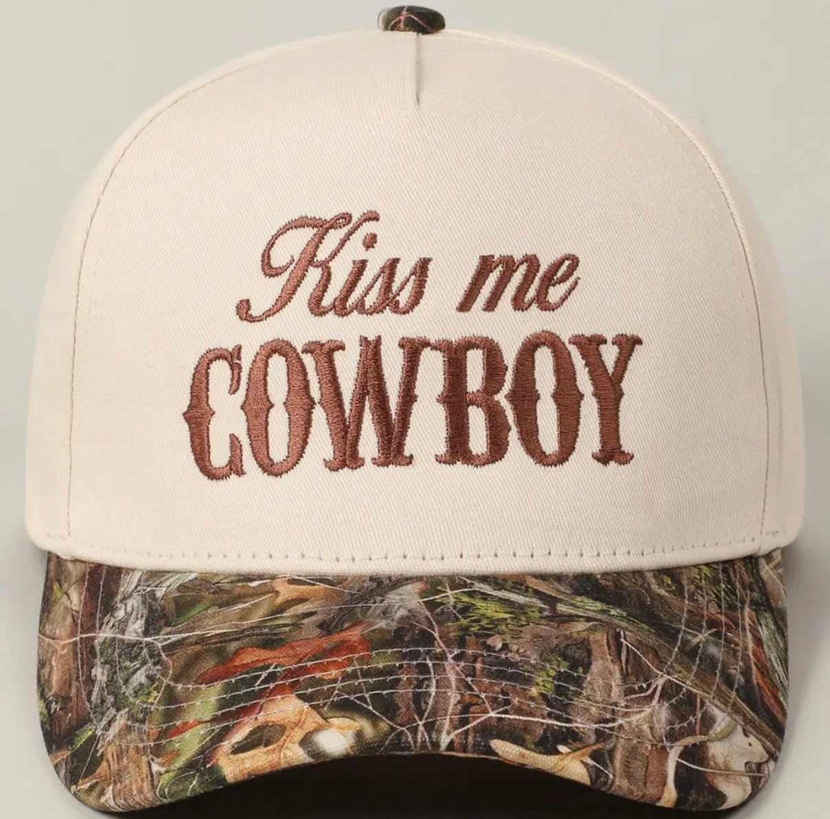 Kiss Me Cowboy Trucker Hat- Brown & Camo